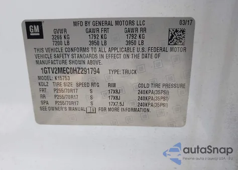 2017 GMC Sierra 1500 Sle z USA, uszkodzony, nr VIN 1GTV2MEC0HZ291794